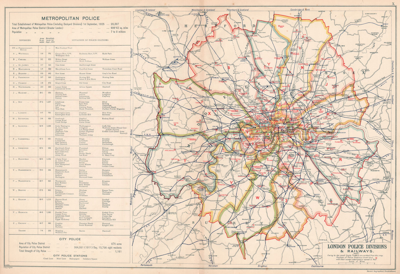 LONDON POLICE DIVISIONS & RAILWAYS showing Police stations. BACON 1927 old map